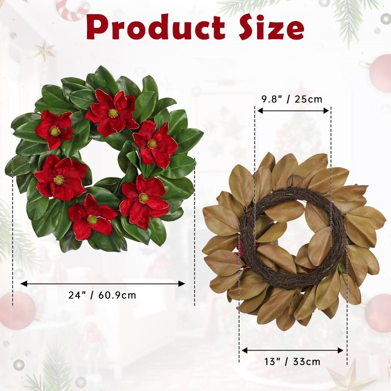 Arborus 24" Artificial Wreath for Front Door Burgundy Red Magnolia Wreath Greenery for Wedding Christmas Housewarming Thanksgiving Farmhouse Mantel Door Decoration - Image 2