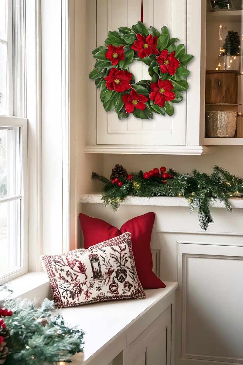 Arborus 24" Artificial Wreath for Front Door Burgundy Red Magnolia Wreath Greenery for Wedding Christmas Housewarming Thanksgiving Farmhouse Mantel Door Decoration - Image 5