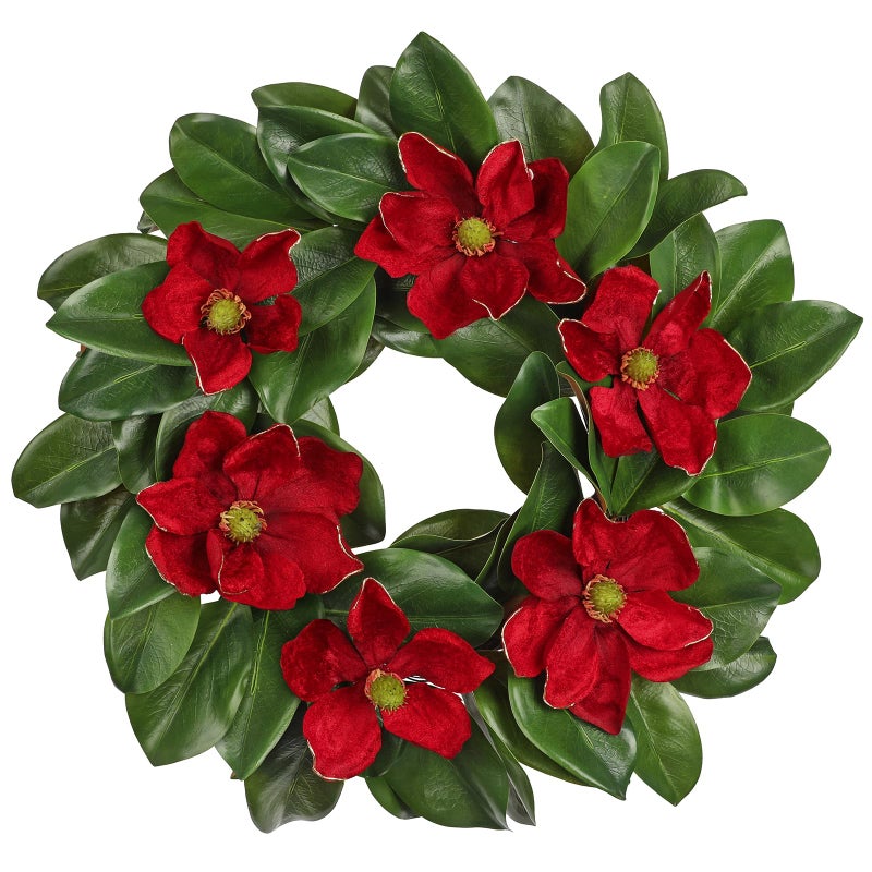 Arborus 24" Artificial Wreath for Front Door Burgundy Red Magnolia Wreath Greenery for Wedding Christmas Housewarming Thanksgiving Farmhouse Mantel Door Decoration - Image 1