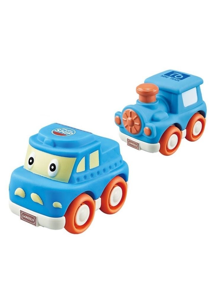LOVELY Soft Rubber Rattle Cars Baby Toy Set – 0+ Infant Sensory Vehicles with Cute Cartoon Design (Blue & Train) - Image 2