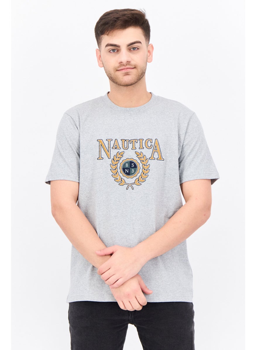 NAUTICA Men Crew Neck Short Sleeve Embroidered T Shirt, Grey Combo  - Image 1