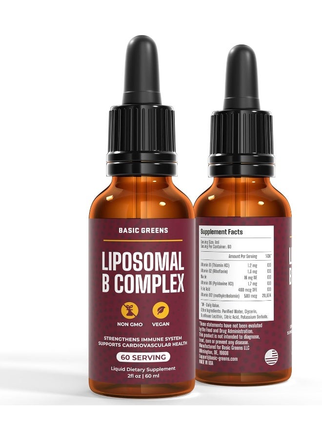 BASIC GREENS Liposomal B Vitamins Complex Liquid – High Absorption For Energy, Brain & Skin Health, Hair & Nails, Advanced Liposomal Delivery, Vegan, Non-Gmo, 2 Fl Oz - Image 2