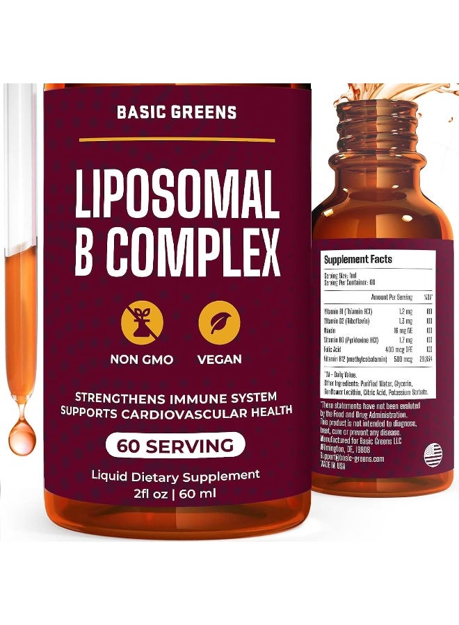 BASIC GREENS Liposomal B Vitamins Complex Liquid – High Absorption For Energy, Brain & Skin Health, Hair & Nails, Advanced Liposomal Delivery, Vegan, Non-Gmo, 2 Fl Oz - Image 1
