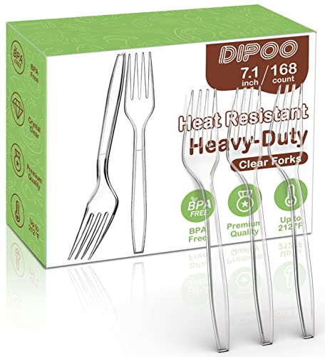 Dipoo 71 Clear Plastic Forks Heavy Duty with Heat Resistant BPA Free Solid and Durable Plastic Cutlery Premium Disposable Forks for Party Supply168 Count
