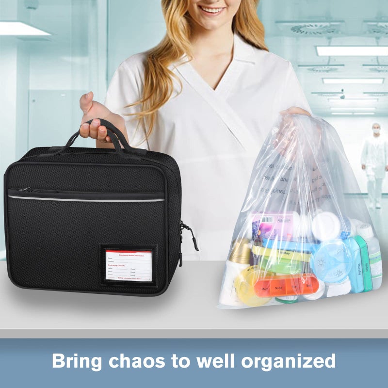 SITHON Pill Bottle Organizer Medicine Storage Bag Medication Travel Carrying Case Manager with Handle, Fixed Pockets for Medications, Vitamins, Medical Supplies, Black - Image 3