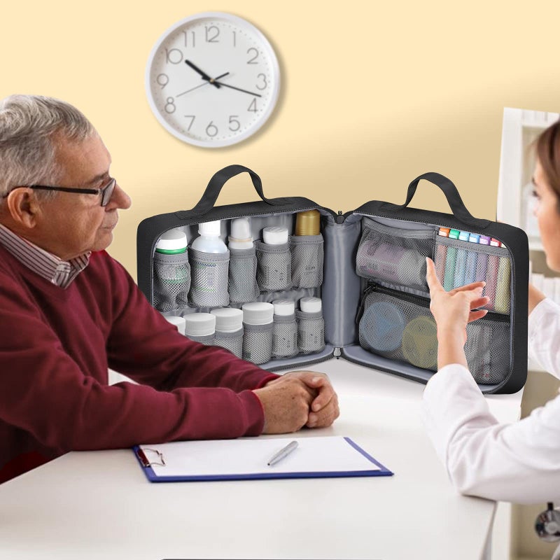SITHON Pill Bottle Organizer Medicine Storage Bag Medication Travel Carrying Case Manager with Handle, Fixed Pockets for Medications, Vitamins, Medical Supplies, Black - Image 2