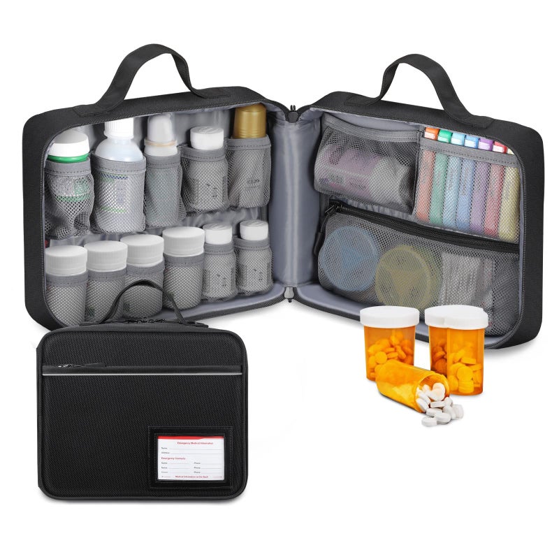 SITHON Pill Bottle Organizer Medicine Storage Bag Medication Travel Carrying Case Manager with Handle, Fixed Pockets for Medications, Vitamins, Medical Supplies, Black - Image 1