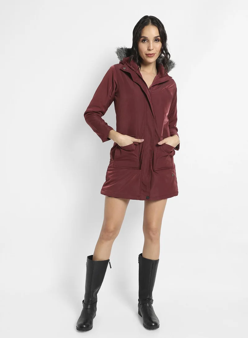 Pinacolada  Women's Maroon Long Puffer Jacket With Fur Detail for Women | Best Price UAE