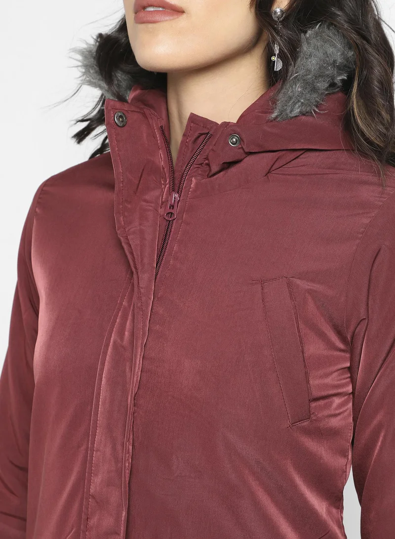 Pinacolada  Women's Maroon Long Puffer Jacket With Fur Detail for Women | Best Price UAE