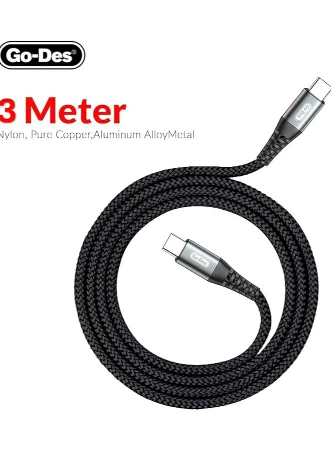 GO-DES 3 Meter USB-C to USB-C Cable Black 40W Fast Charge 5A Power Delivery Cord for High-Speed Charging and Data Transfer - Image 3