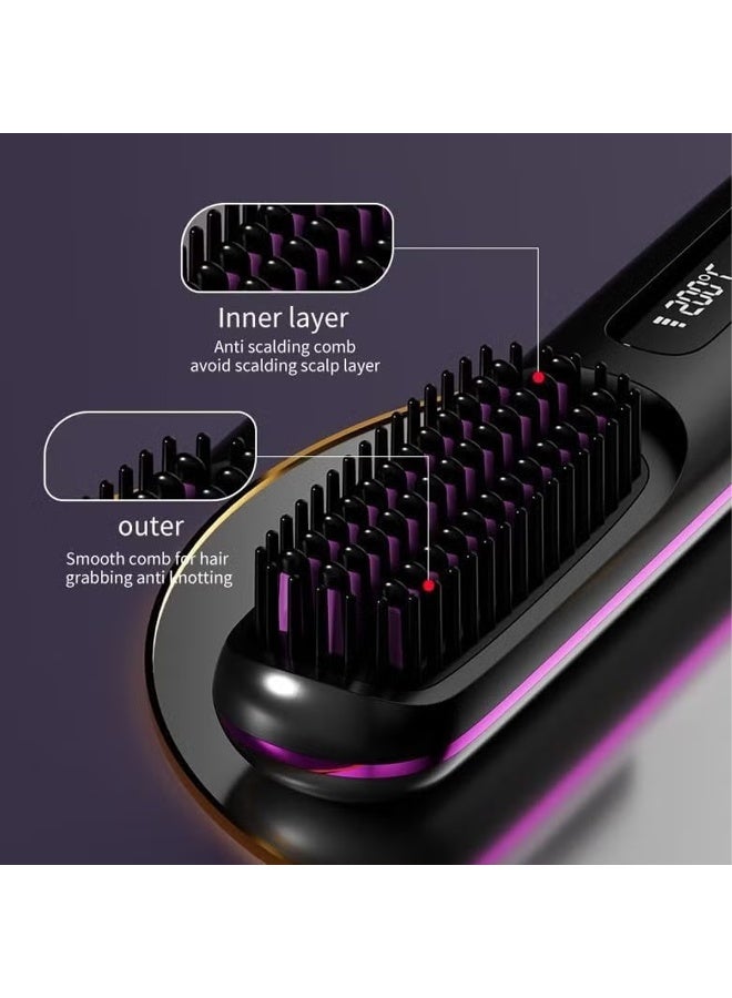 Portable Straightener Brush Comb, Straightener with LED Display , Rechargeable Brush for Straightening and Curling, Anti-Scald Mini Hot Straightening Comb for Woman, Hair Fast Heating Cordless Mini Hair Tool for Travel (Black) - Image 4