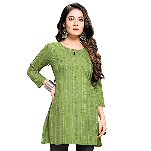 Shiv Textiles Rayon Fabric Printed Round Neck Short Kurtis for Women Top Dresses Kurti for Girls & Ladies Kurtis - (Green_Medium) - Image 1