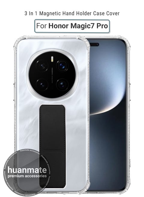 Honor Magic7 Pro Magnetic Case With Hand Grip Holder & Kickstand - Strong Grip for Magnetic Car Holder, Stylish & Functional, Ultimate Convenience & Hands-Free Viewing - Clear/Black