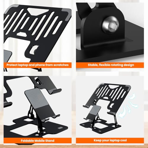Dyazo 2 in 1 Laptop & Mobile Stand | Foldable Riser with Ventilated Design | Multi Angle Adjustable Height Holder Fit Upto 15.6 Inch Laptops | Compatible for Mac, HP, Dell, Acer, Lenovo & More (Black) - Image 4