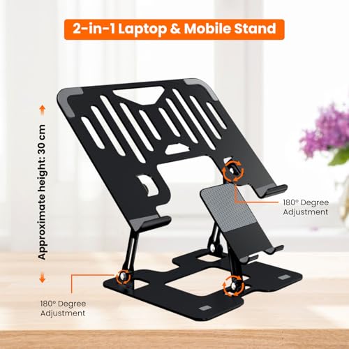 Dyazo 2 in 1 Laptop & Mobile Stand | Foldable Riser with Ventilated Design | Multi Angle Adjustable Height Holder Fit Upto 15.6 Inch Laptops | Compatible for Mac, HP, Dell, Acer, Lenovo & More (Black) - Image 2