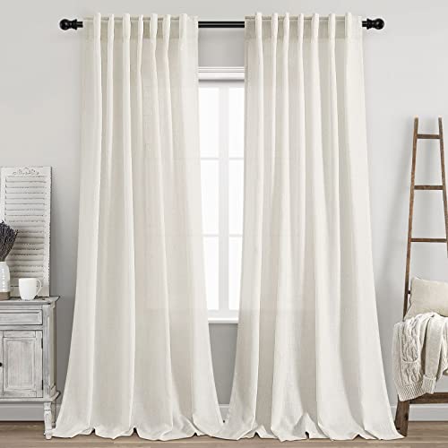 Nanspring Back Tab Linen Curtains 96 inches Long 2 Panels Set for Living Room Sliding Glass Door Ivory Cream Semi Sheer Curtains Light Filtering Canvas Cloth Linen Drapes 96 inch Floor to Ceiling Length - Image 1