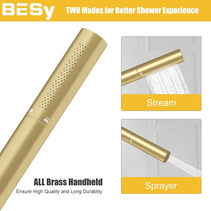 BESy Brass 2 In 1 Function Handheld Shower Head Set High Pressure 7 Inch Shower Head High Flow Hand Shower Wand with 59 Inch Hose, Bracket, Brushed Gold - Image 2