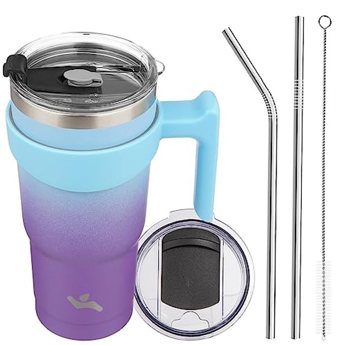 Konokyo 20 oz Tumbler with Handle and 2 Straw 2 Lid, Insulated Water Bottle Stainless Steel Vacuum Cup Reusable Travel Mug,Ocean Dream
