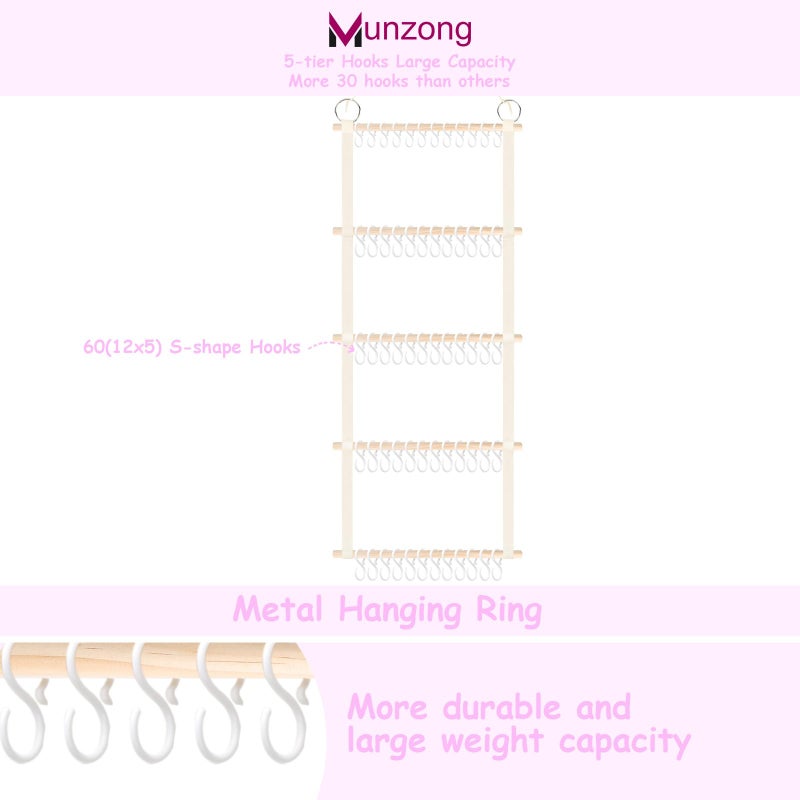 Munzong حامل رباط رأس من مونزونغ 52x17 بوصة، منظم قوس بيج للفتيات الصغيرات، تخزين جدار حضانة كبير جداً مع 60 خطاف، رف منظم لملحقات الشعر لغرفة الأطفال الصغار - Image 3
