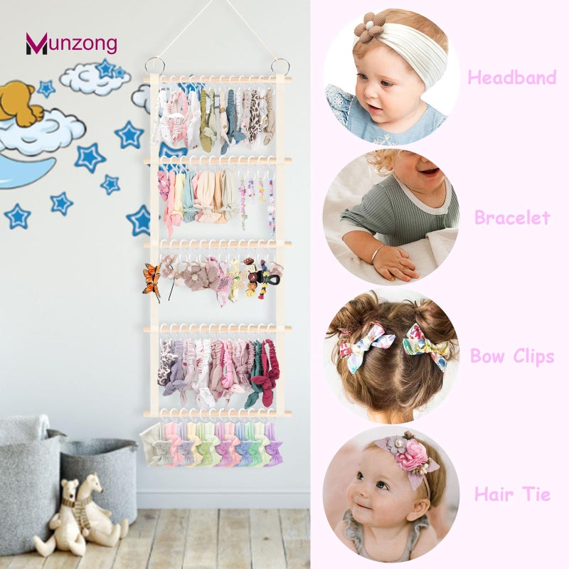 Munzong حامل رباط رأس من مونزونغ 52x17 بوصة، منظم قوس بيج للفتيات الصغيرات، تخزين جدار حضانة كبير جداً مع 60 خطاف، رف منظم لملحقات الشعر لغرفة الأطفال الصغار - Image 5