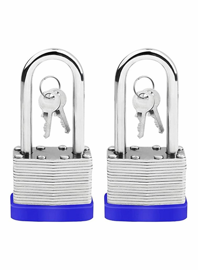 Long Shackle Pad Lock, 2 Pack Steel Pad Lock Padlock with Keys Heavy Duty Laminated Steel Key Pad Lock Secure Safety Tool for Home Garden Garage Fence Shed Indoor Outdoor - Image 1