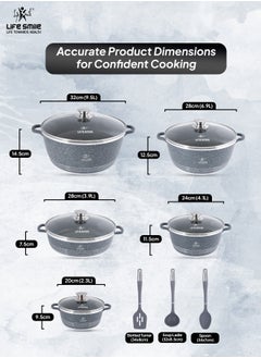 Life Smile 13Pcs Cookware Set Granite Cooking Pots And Pans- Non-Stick Cookwares Silicone Handles Tempered Glass Lids PFOA Free 1xShallow Pots , 4xSoup Pot,1xSpoon,1xSoup ladle ,1xSlotted Turner Casserole Set,Blue  - Image 3