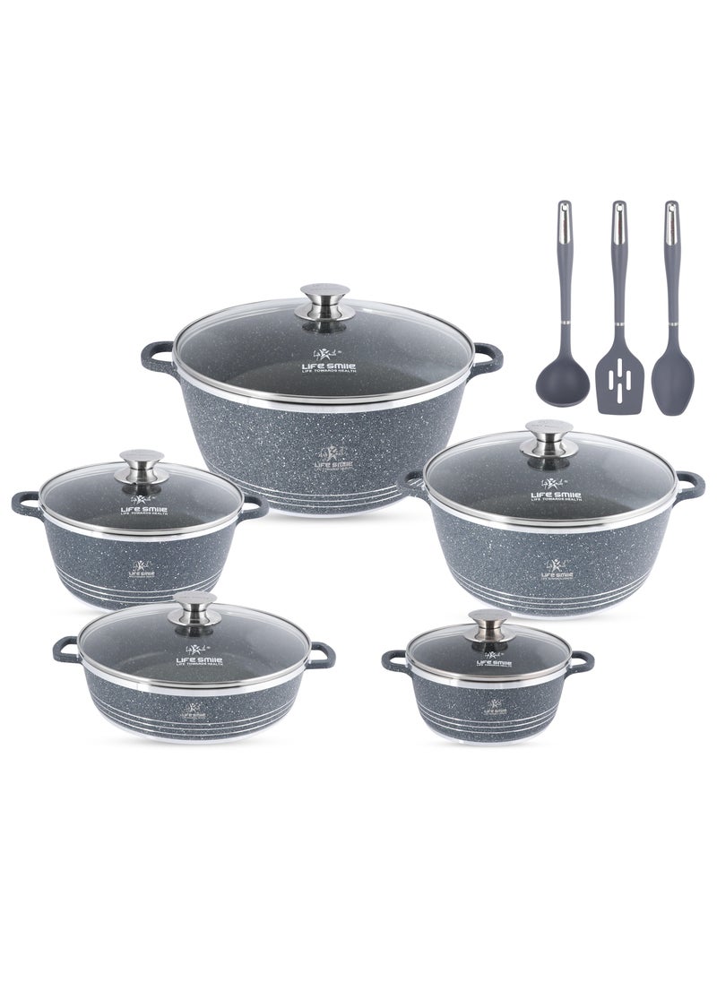 Life Smile 13Pcs Cookware Set Granite Cooking Pots And Pans- Non-Stick Cookwares Silicone Handles Tempered Glass Lids PFOA Free 1xShallow Pots , 4xSoup Pot,1xSpoon,1xSoup ladle ,1xSlotted Turner Casserole Set,Blue  - Image 1