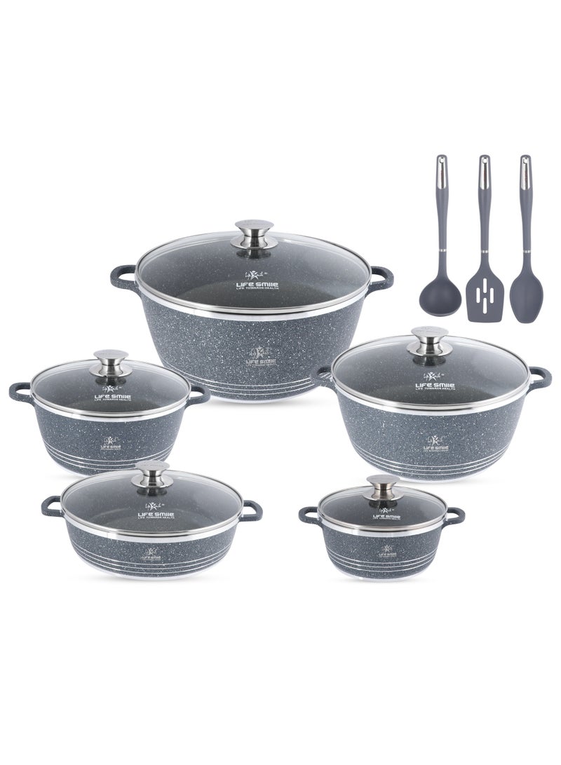 Life Smile 13Pcs Cookware Set Granite Cooking Pots And Pans- Non-Stick Cookwares Silicone Handles Tempered Glass Lids PFOA Free 1xShallow Pots , 4xSoup Pot,1xSpoon,1xSoup ladle ,1xSlotted Turner Casserole Set,Blue  - Image 1