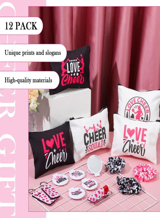 Sanwuta 48 Pcs Cheer Gift Kit for Girls: 12 Canvas Makeup Bags, 12 Scrunchies, 12 Makeup Mirrors, 12 Lipstick/Lip Balm Keychains for Cheerleaders - Image 5
