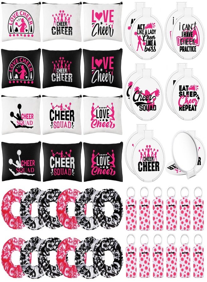 Sanwuta 48 Pcs Cheer Gift Kit for Girls: 12 Canvas Makeup Bags, 12 Scrunchies, 12 Makeup Mirrors, 12 Lipstick/Lip Balm Keychains for Cheerleaders - Image 1
