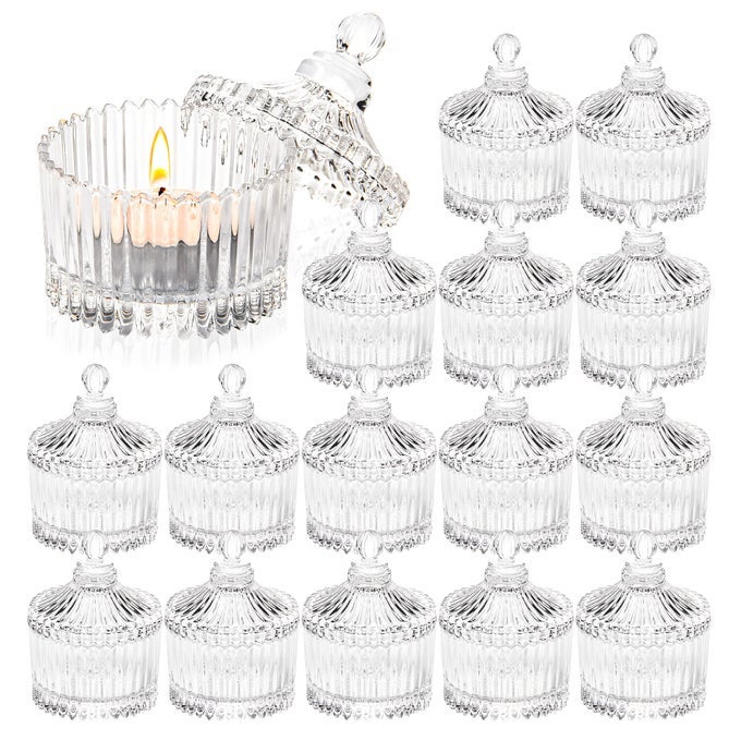 16 PIECE VOTIVE CANDLE HOLDERS WITH LIDS TEALIGHT CANDLE HOLDERS IN BULK GLASS SMALL FOR TABLE CENTERPIECE WEDDING HOME DECOR 268 X 165 CLEAR