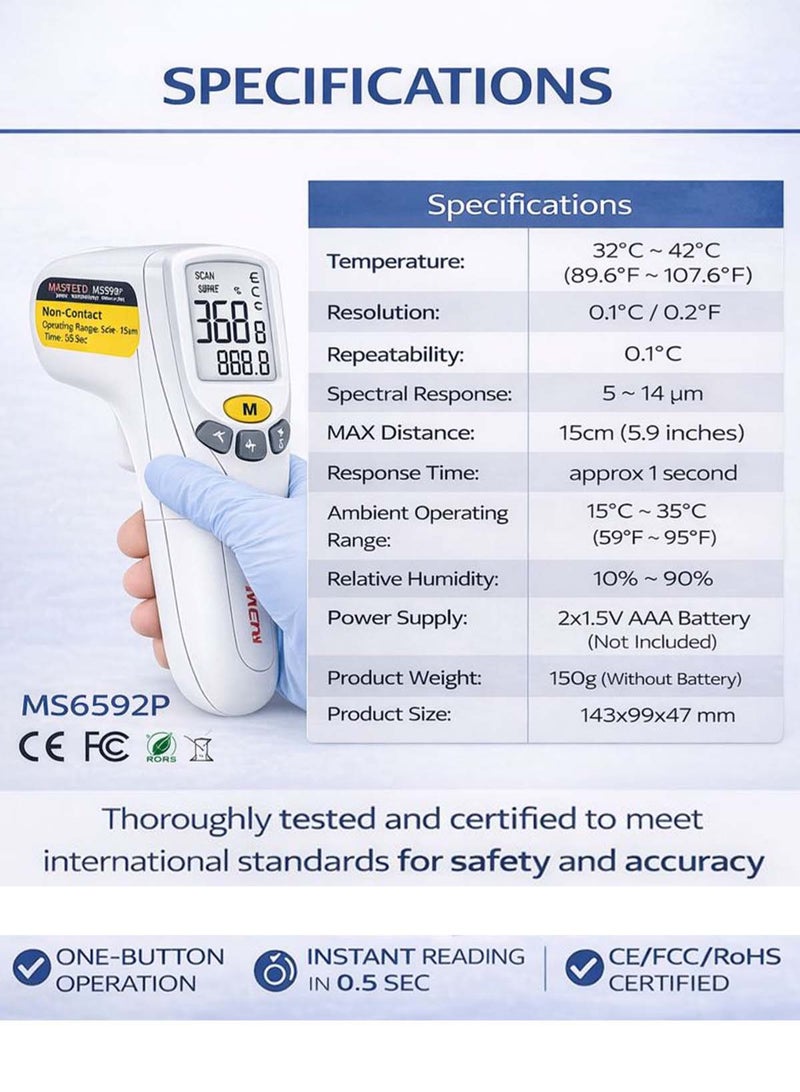 MASTECH MS6592P Non-Contact Infrared Thermometer for Adults & Kids, Fast 0.5s Digital Temperature Gun, Forehead & Surface Temperature Measurement, 5–15cm Distance, Backlit LCD Display, °C/°F Switchable, CE FCC RoHS Certified - Image 5