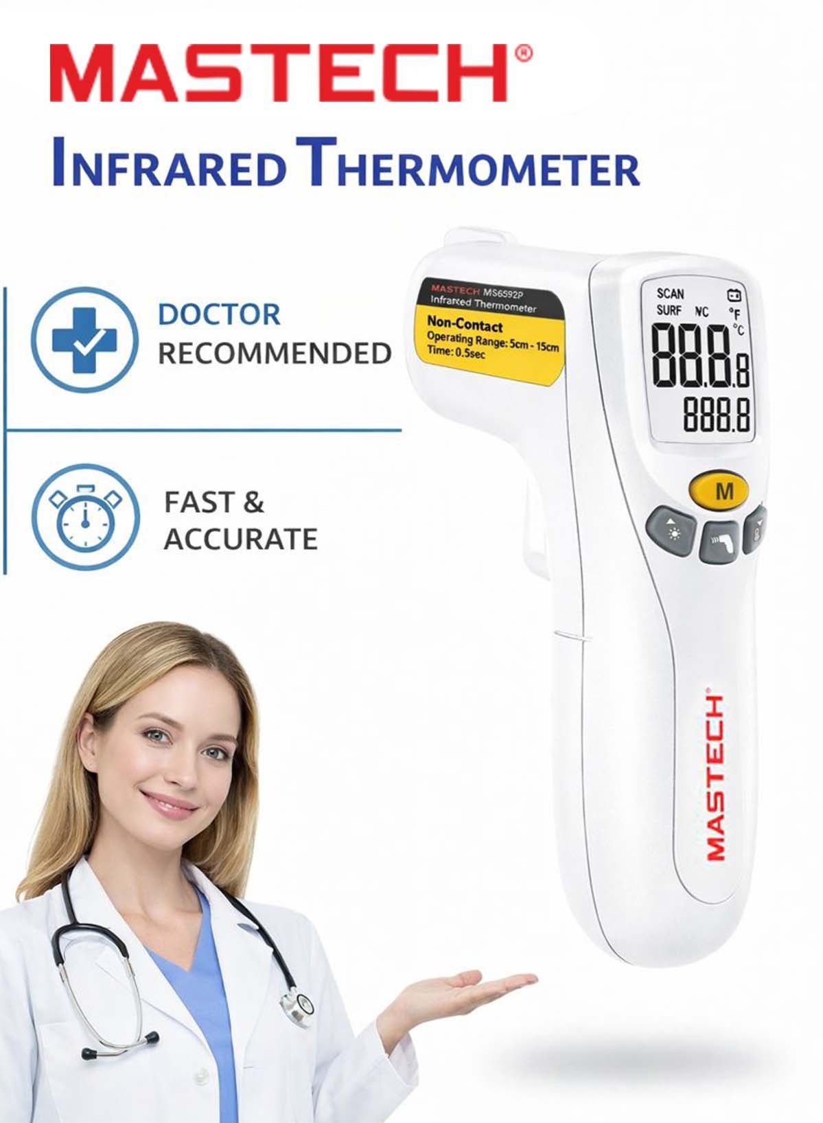 MASTECH MS6592P Non-Contact Infrared Thermometer for Adults & Kids, Fast 0.5s Digital Temperature Gun, Forehead & Surface Temperature Measurement, 5–15cm Distance, Backlit LCD Display, °C/°F Switchable, CE FCC RoHS Certified