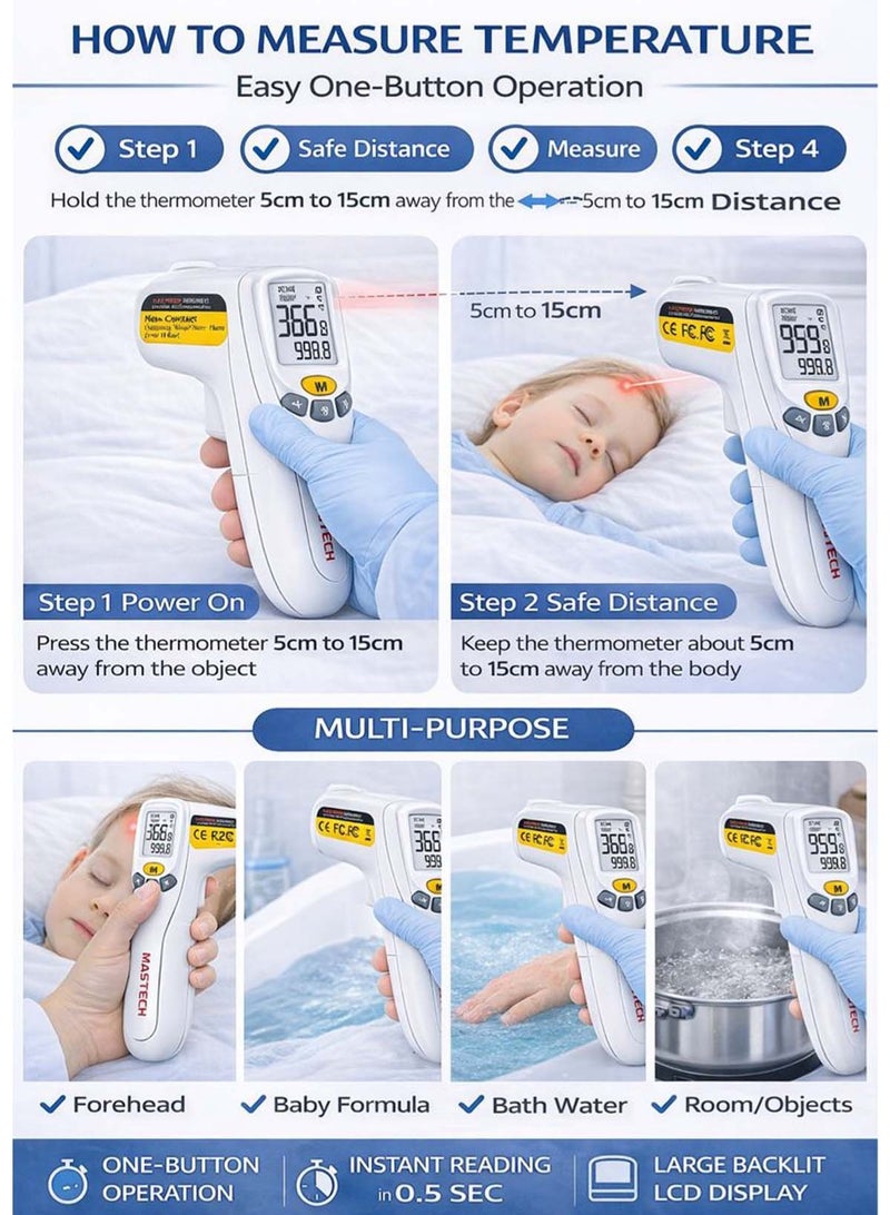 MASTECH MS6592P Non-Contact Infrared Thermometer for Adults & Kids, Fast 0.5s Digital Temperature Gun, Forehead & Surface Temperature Measurement, 5–15cm Distance, Backlit LCD Display, °C/°F Switchable, CE FCC RoHS Certified - Image 3