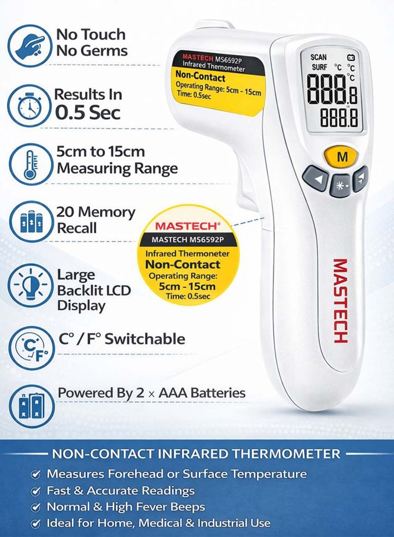MASTECH MS6592P Non-Contact Infrared Thermometer for Adults & Kids, Fast 0.5s Digital Temperature Gun, Forehead & Surface Temperature Measurement, 5–15cm Distance, Backlit LCD Display, °C/°F Switchable, CE FCC RoHS Certified - Image 2
