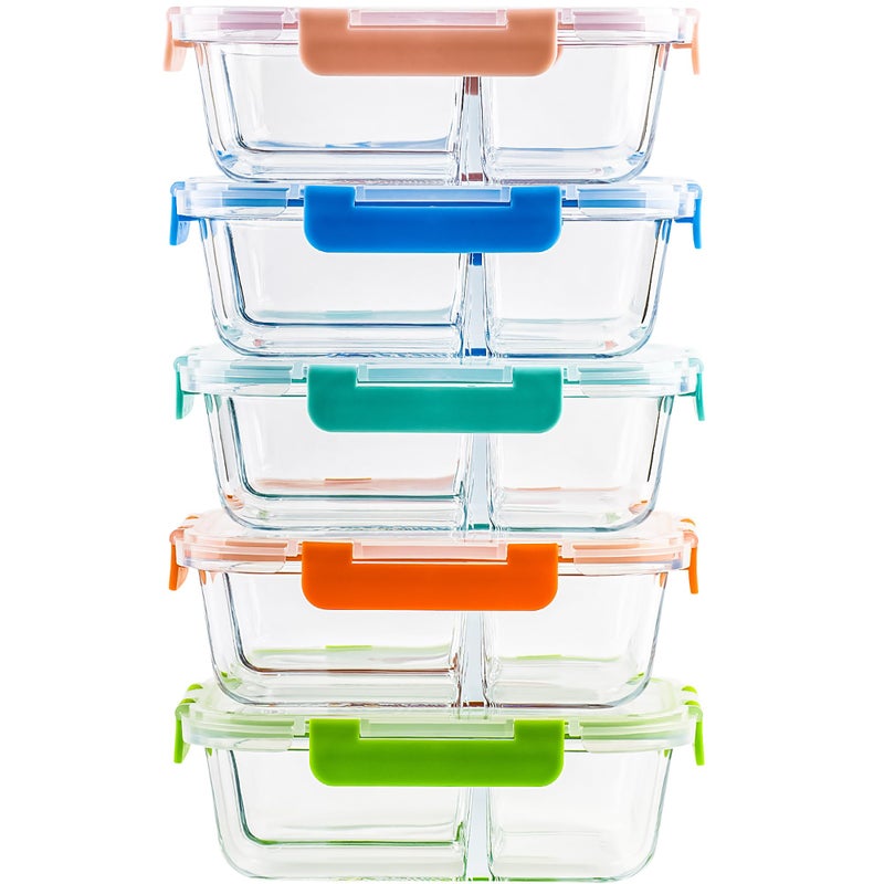 HAKEEMI 5-Pack,3 Compartment Glass Meal Prep Containers Set,34oz, Divided Food Storage Containers with Lids, Glass Lunch Box with 3 Dividers - Image 1