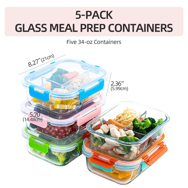 HAKEEMI 5-Pack,3 Compartment Glass Meal Prep Containers Set,34oz, Divided Food Storage Containers with Lids, Glass Lunch Box with 3 Dividers - Image 2