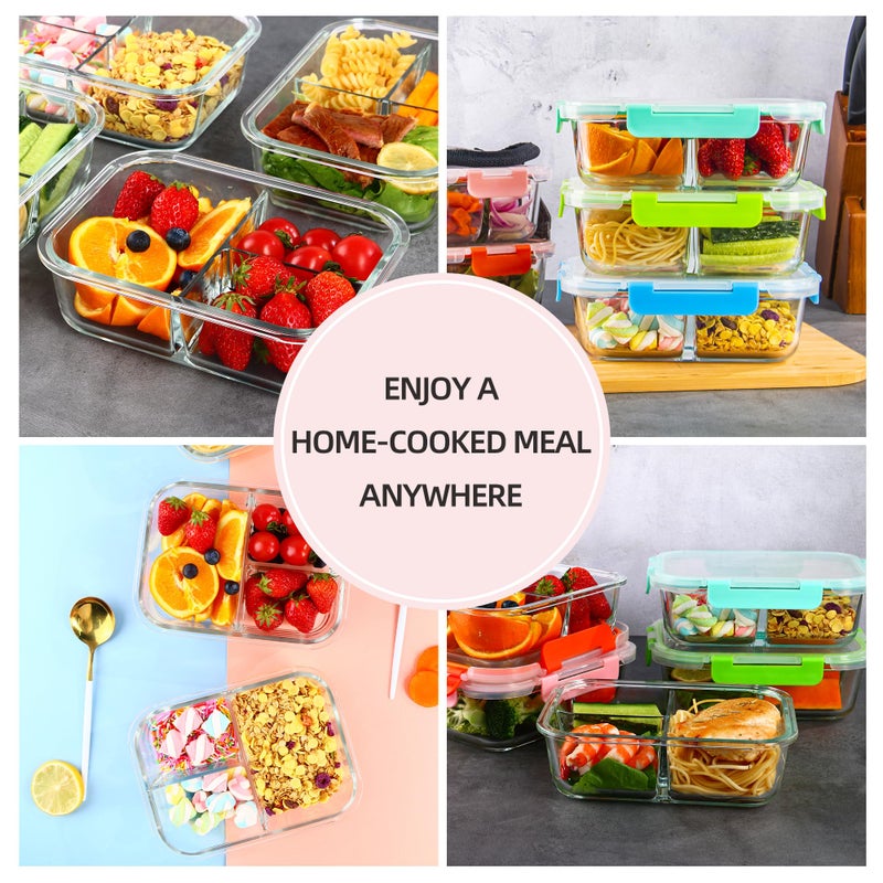 HAKEEMI 5-Pack,3 Compartment Glass Meal Prep Containers Set,34oz, Divided Food Storage Containers with Lids, Glass Lunch Box with 3 Dividers - Image 3
