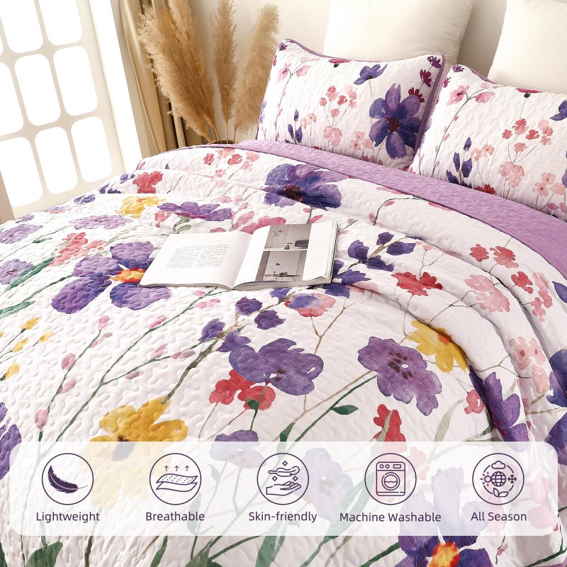 Anibedding Purple Quilt Set Full, Floral Pattern Microfiber Bedspreads Full Size 3 Pieces Lightweight Reversible Bedding Set with 2 Pillowcases(78"x90") - Image 5