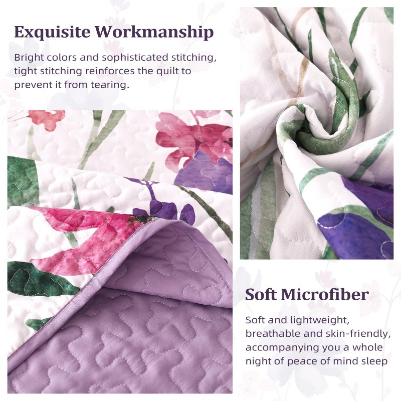 Anibedding Purple Quilt Set Full, Floral Pattern Microfiber Bedspreads Full Size 3 Pieces Lightweight Reversible Bedding Set with 2 Pillowcases(78"x90") - Image 4
