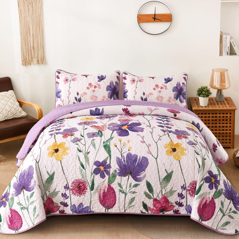 Anibedding Purple Quilt Set Full, Floral Pattern Microfiber Bedspreads Full Size 3 Pieces Lightweight Reversible Bedding Set with 2 Pillowcases(78"x90") - Image 1