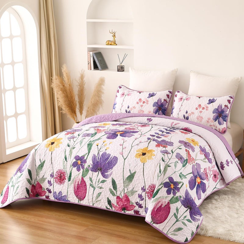Anibedding Purple Quilt Set Full, Floral Pattern Microfiber Bedspreads Full Size 3 Pieces Lightweight Reversible Bedding Set with 2 Pillowcases(78"x90") - Image 2