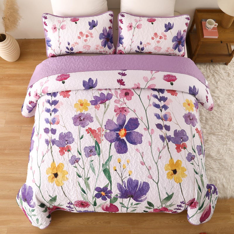 Anibedding Purple Quilt Set Full, Floral Pattern Microfiber Bedspreads Full Size 3 Pieces Lightweight Reversible Bedding Set with 2 Pillowcases(78"x90") - Image 3