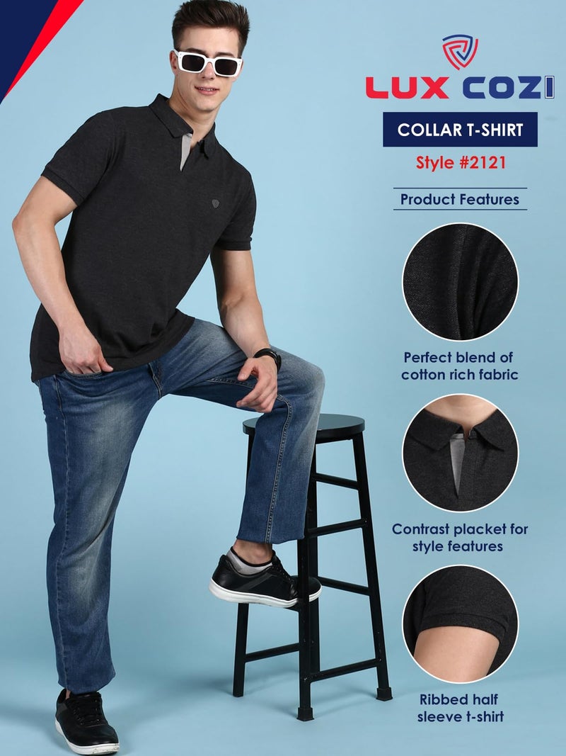 Lux Cozi Men's Pack of 1 Black Regular Fit Polo Neck Half Sleeve Solid Casual T-Shirt (Size : Small)_COZI_2121_BLK_S_1PC - Image 2