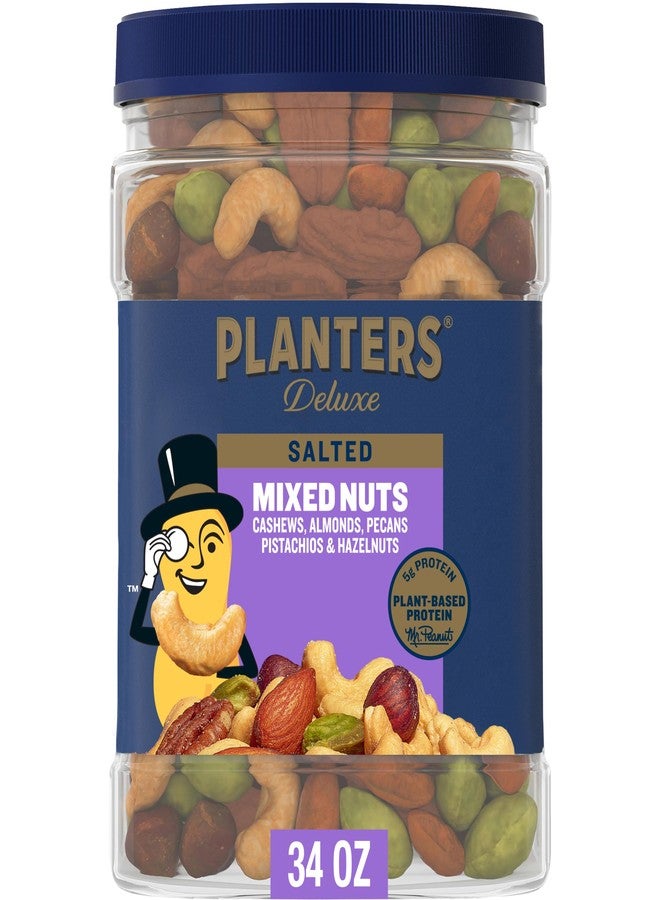 PLANTERS Deluxe Salted Mixed Nuts, Roasted Cashews, Almonds, Pecans, Pistachios, and Hazelnuts, Party Snacks, Plant-Based Protein, Quick Snack for Adults, After School Snack, 34oz Container - Image 1