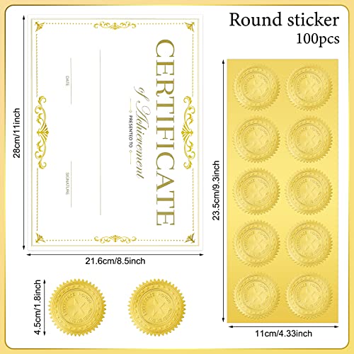 Seajan 50 Packs Gold Foiled Certificate Paper Award 11 x 8.5 Inch Certificate of Completion Achievement Awards with 100 Pieces Embossed Gold Foil Seals Gold Seals Stickers for Printer Supplies - Image 2