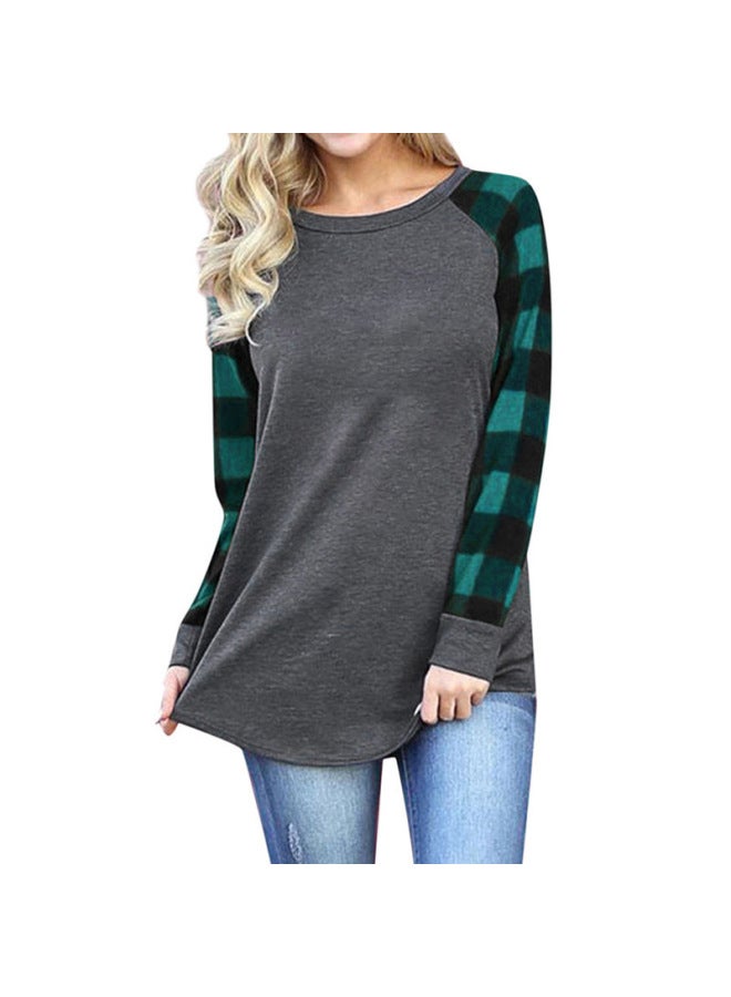 Women's Checkered Base Coat Crew Neck Shoulder Long Sleeve T-shirt Women's Direct