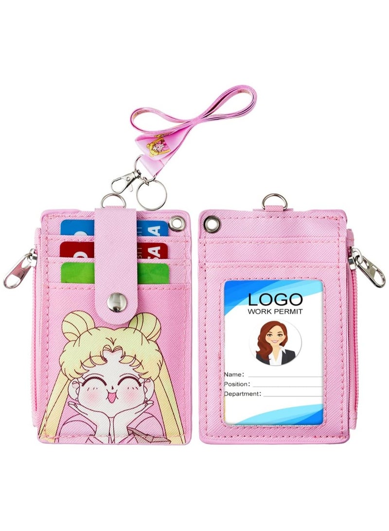 عام حافظة بطاقة تعريف مع جيب بسحّاب، حافظة بطاقات تعريفية لطيفة من الجلد، مع حزام عنق، تحتوي على 5 فتحات لبطاقات الائتمان وجيب بسحّاب، مع حلقة مفاتيح، مناسبة للأولاد والبنات، الرجال والنساء، وموظفي المكاتب - Image 1