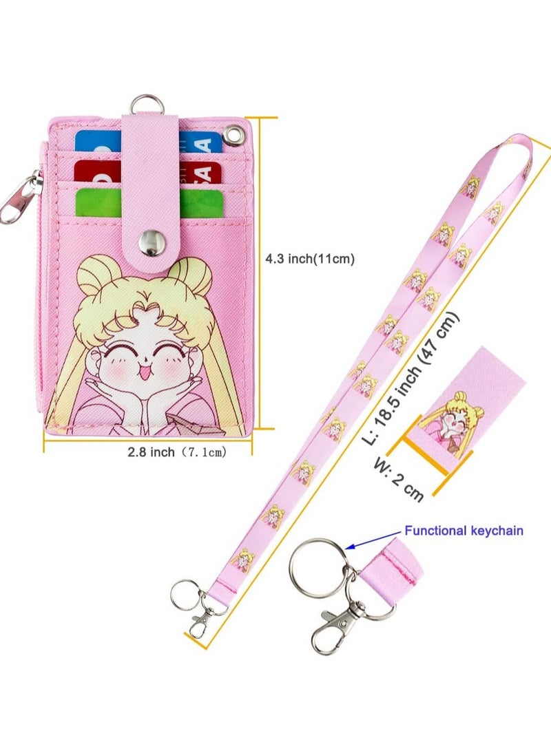 عام حافظة بطاقة تعريف مع جيب بسحّاب، حافظة بطاقات تعريفية لطيفة من الجلد، مع حزام عنق، تحتوي على 5 فتحات لبطاقات الائتمان وجيب بسحّاب، مع حلقة مفاتيح، مناسبة للأولاد والبنات، الرجال والنساء، وموظفي المكاتب - Image 2