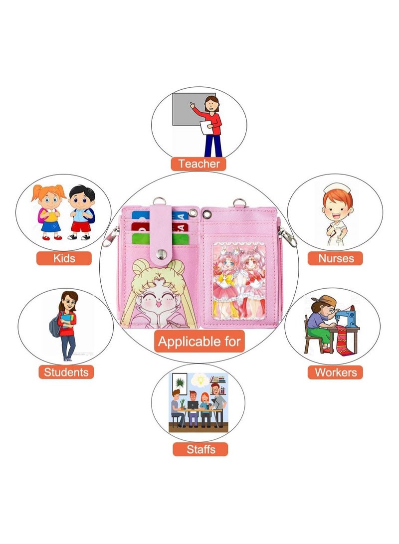 عام حافظة بطاقة تعريف مع جيب بسحّاب، حافظة بطاقات تعريفية لطيفة من الجلد، مع حزام عنق، تحتوي على 5 فتحات لبطاقات الائتمان وجيب بسحّاب، مع حلقة مفاتيح، مناسبة للأولاد والبنات، الرجال والنساء، وموظفي المكاتب - Image 4